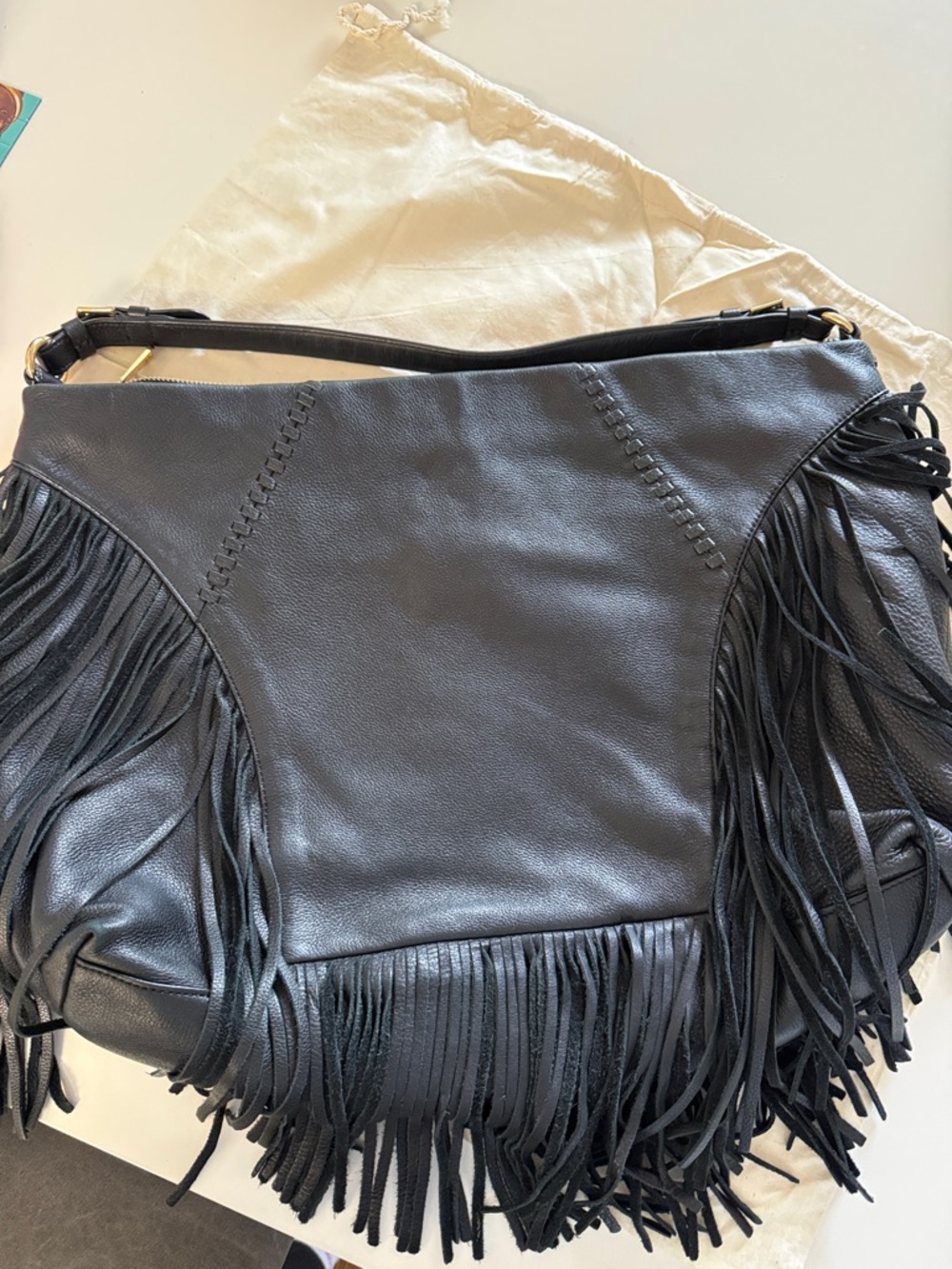 Lauren Ralph Lauren Black Leather Fringe Hobo Bag - Picture 5 of 7